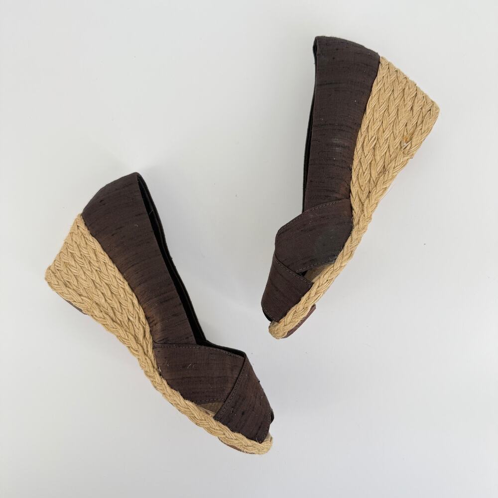 Ralph Lauren Women’s Pumps 7.5 Brown Espadrille Wedge Heel Peep Toe Summer Retro - Picture 4 of 12